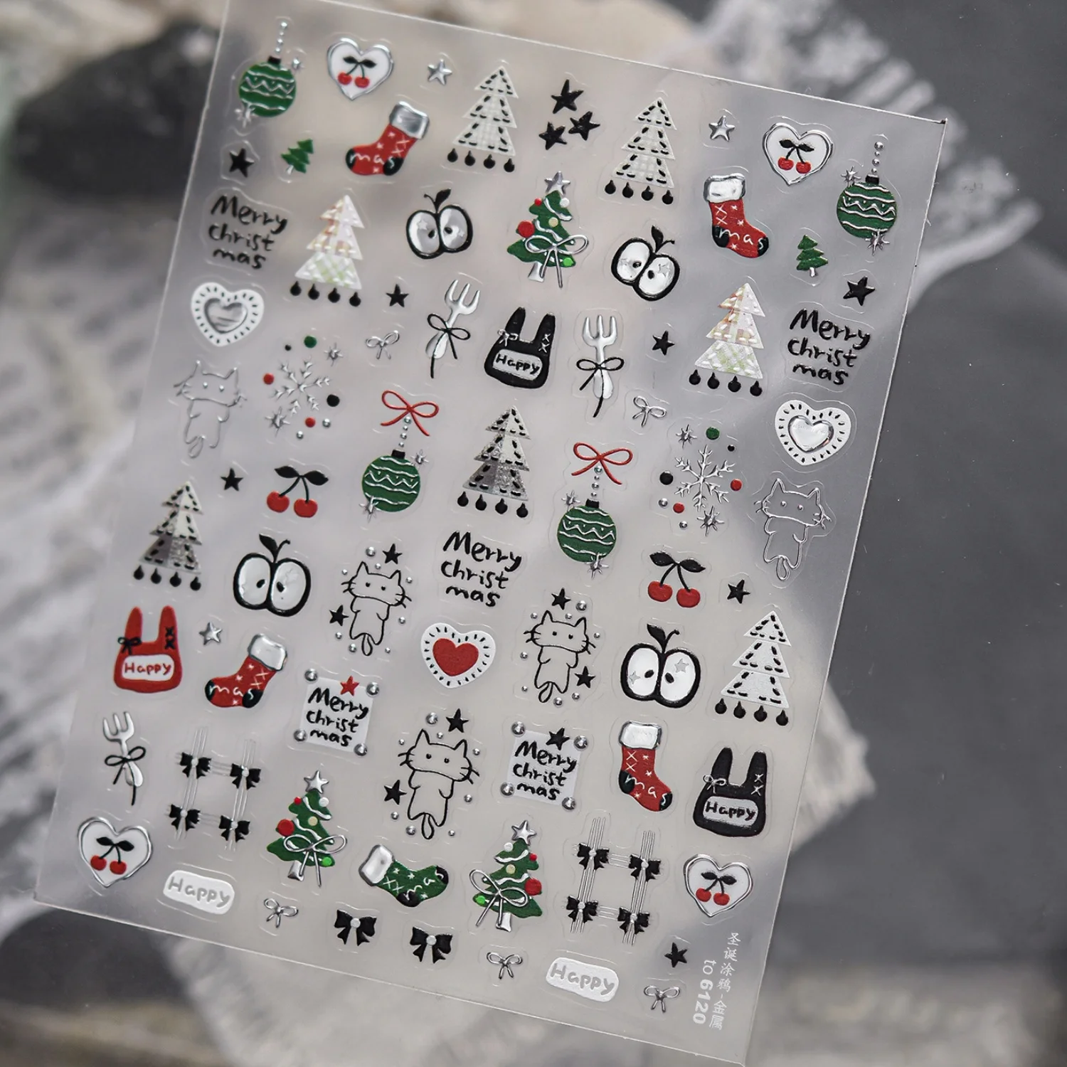 Cartoon Graffiti Winter Holiday 5D Nail Stickers Christmas Tree Stocking Bauble Fruit Slice Kitten Bunny Bow Heart Snowflake