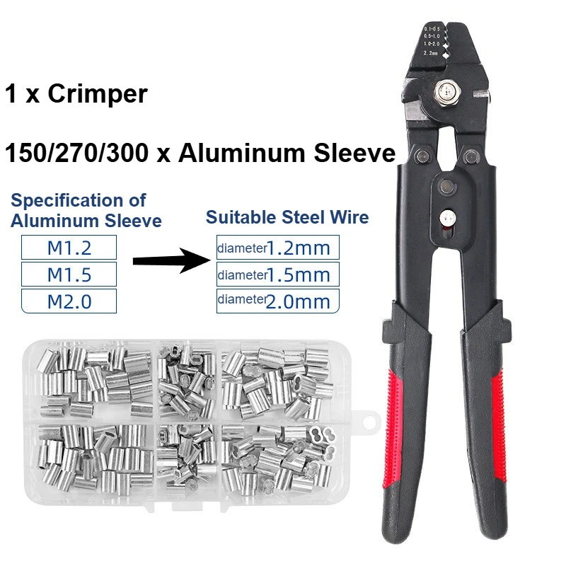 Wire Rope Crimping Tool Kit for M1.2/M1.5/M2 Steel Wires Including 1 Crimper and 150/270/300pcs Aluminum Crimping Loop Sleeve