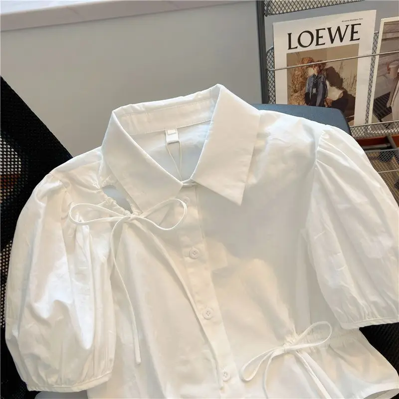 Bow Puff Short Sleeve Lace Up Blouse Blusas Mujer De Moda 2024 Verano Elegantes Slim Korean White Shirt Women New Crop Top