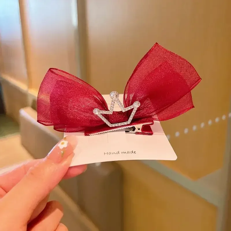 Korean Gauze Children Bow Hair Pin 3D Princess Crown Hair Pin Birthday Photography Headwear Girls Kids Hair Accessories