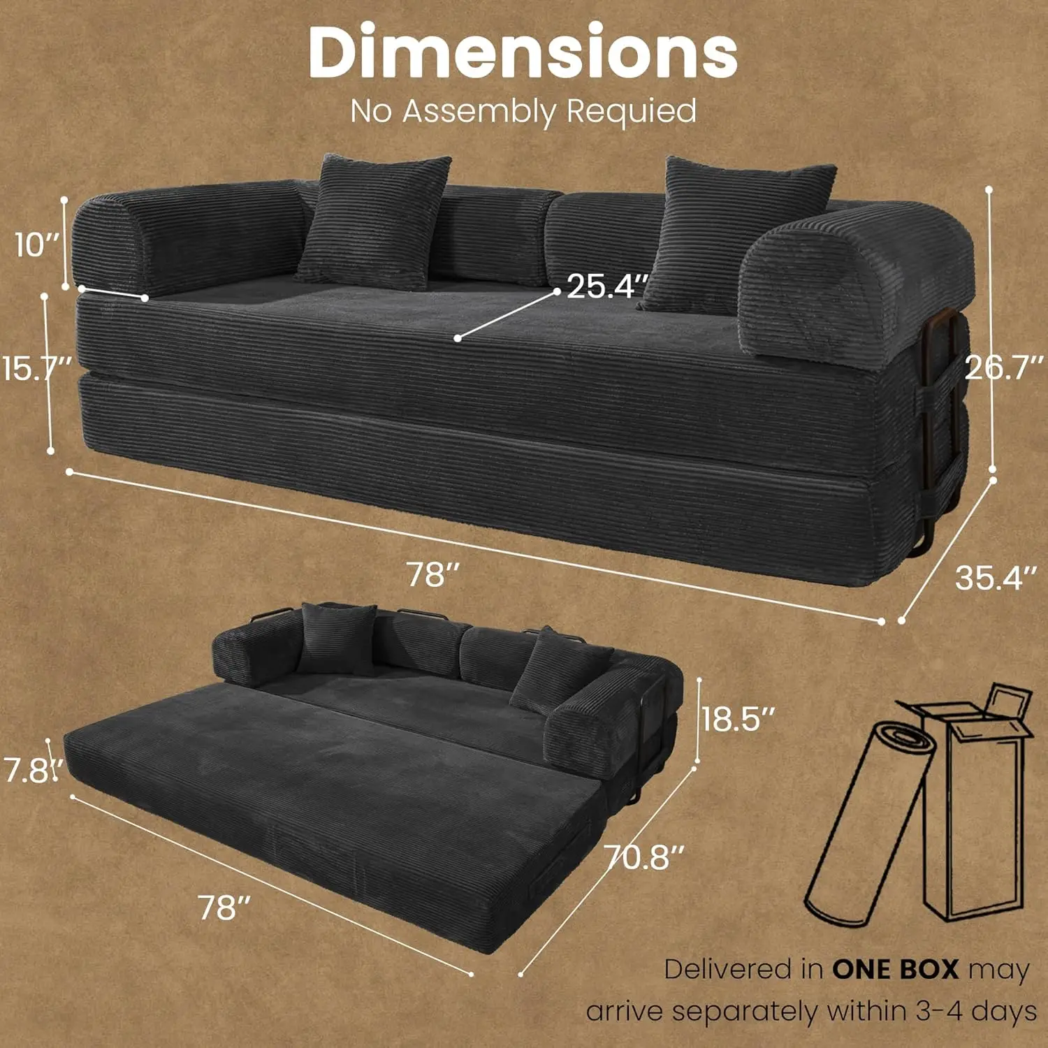 79" Convertible Sofa Bed, Boneless Corduroy Sleeper Foldable Modular Couch, Memory Foam Compressed Sofa in A Box, Folding Mattre