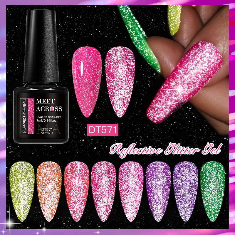 MEET ACROSS 7ml Smalto per unghie gel riflettente fluorescente Glitter Sparkly Neon Semi permanente UV LED Gel Nail Art Vernice per manicure