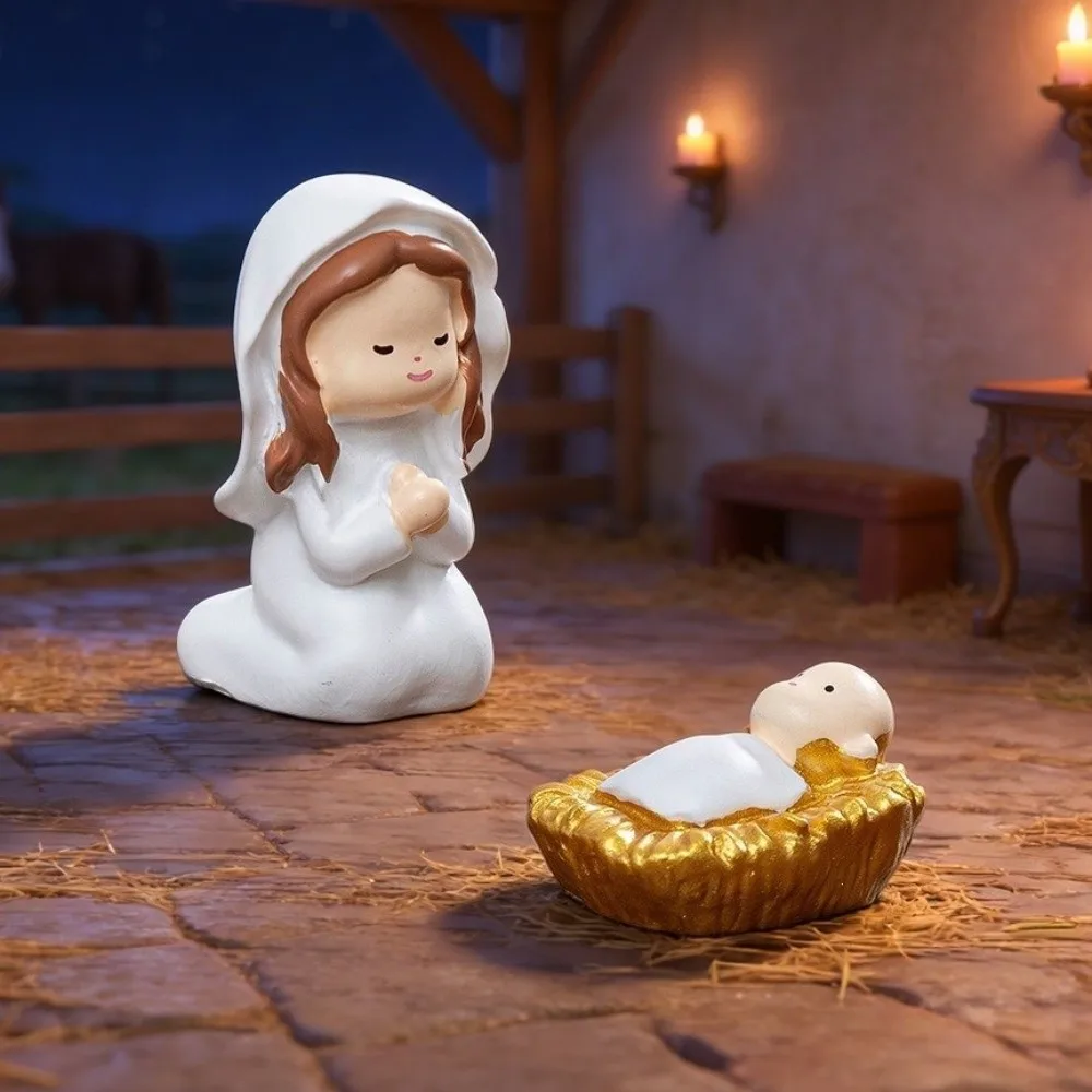 8PCS 3D Nativity Scene Figurine Set Resin Collectible Jesus Virgin Mary Figurine Little Nun Figurine Miniature