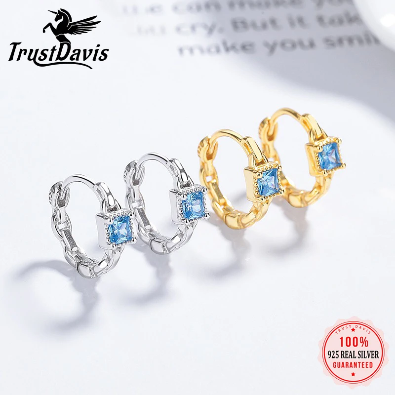 

TrustDavis Real S925 Sterling Silver Fine Square Blue Zircon Hoop Earring for Women Girls Minimalist Birthday Gift LB532