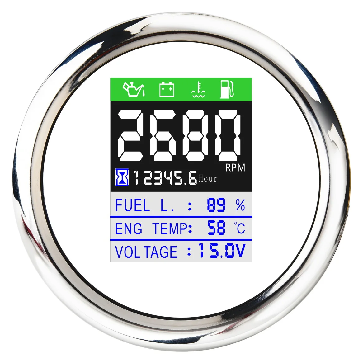 

85MM 6-in-1 Multi-Functional Digital Tachometer Fuel Level Water Temp Oil Pressure Gauge Voltmeter Hourmeter Alarm