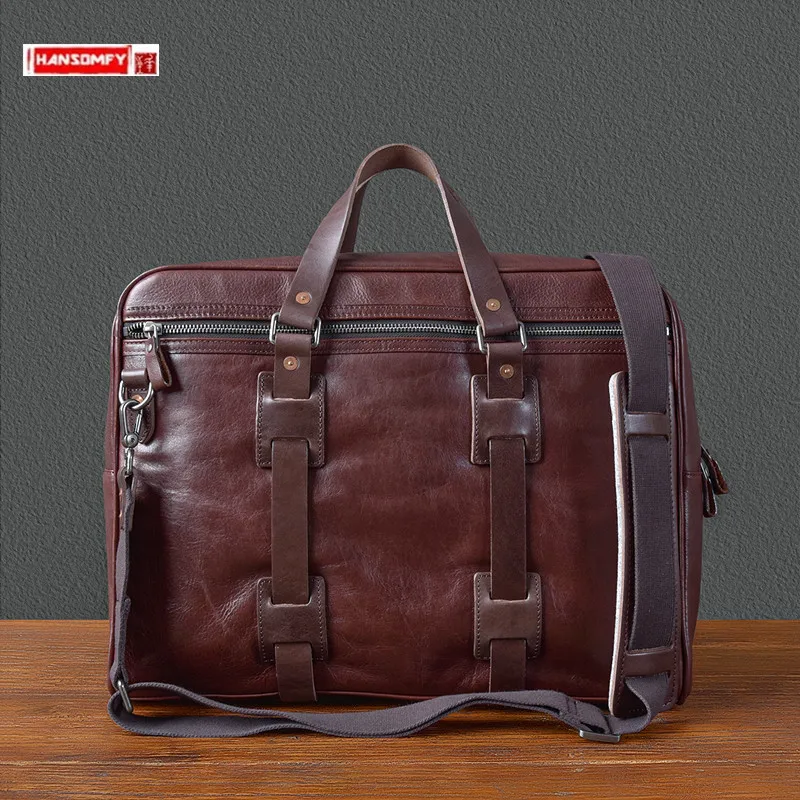 

Vintage Cowhide Leather Men Handbags Big Briefcase Classic Laptop Bag Short Travel Bag Large Capacity Shoulder Messenger Bags