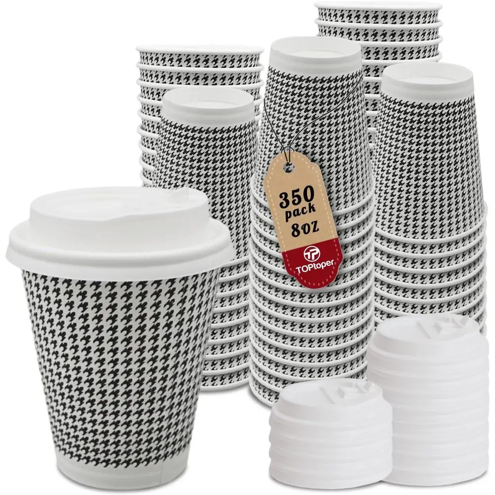 

8 oz Insulated Disposable Coffee Cups with Lids, Double Wall Corrugated Paper Cups for Hot or Cold Beverages - Bulk Pack of 350