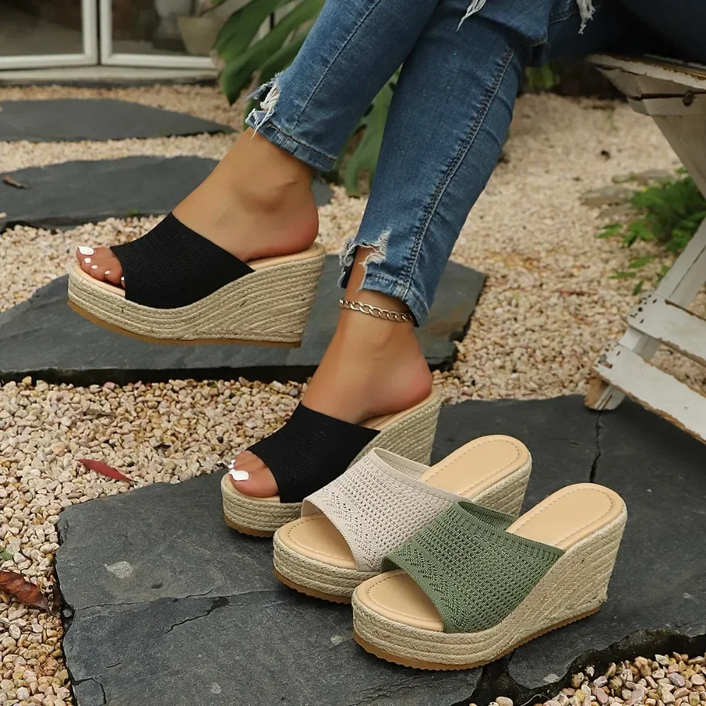 Women Espadrille Wedge Slippers Open Toe Knit Platform Mules Summer Jute Woven High Heel Sandals Slip On Beach Slides view 2
