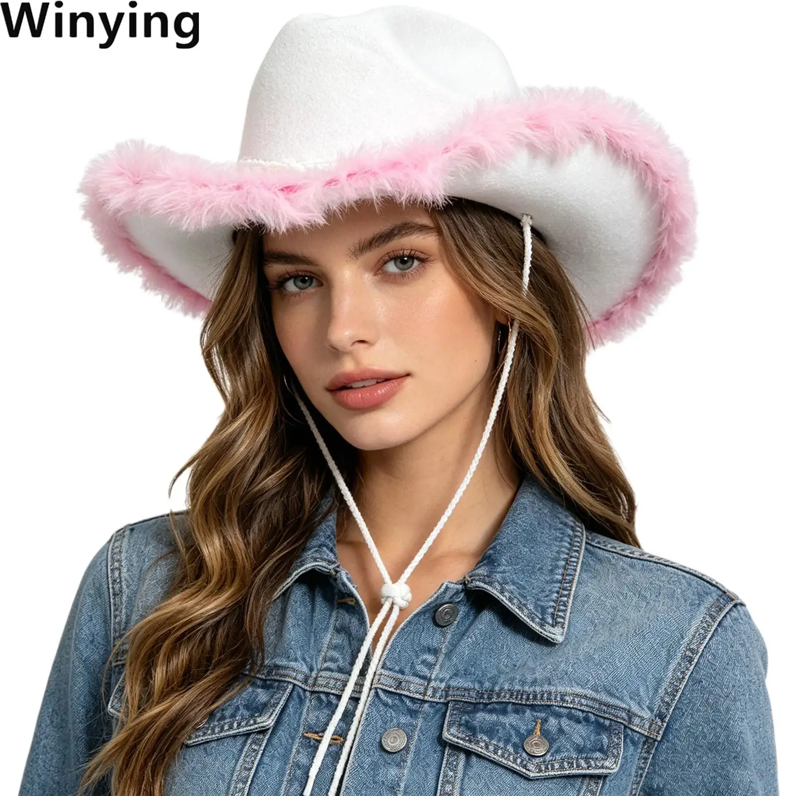 

Womens Cowgirl Hat Cowboy Hat Plush Trim Wide Brim Faux Pearl Decor Drawstring Party Hat Birthday Gift Headgear