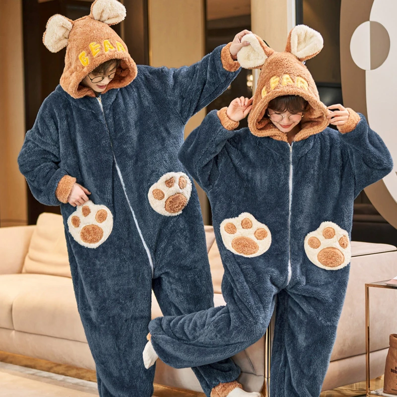 Winter Adult Kigurumis Bear Onesie Sleepwear Women Men Coral Fleece Hoodie Pyjama Couples Loungewear Jumpsuits Zipper Pajama