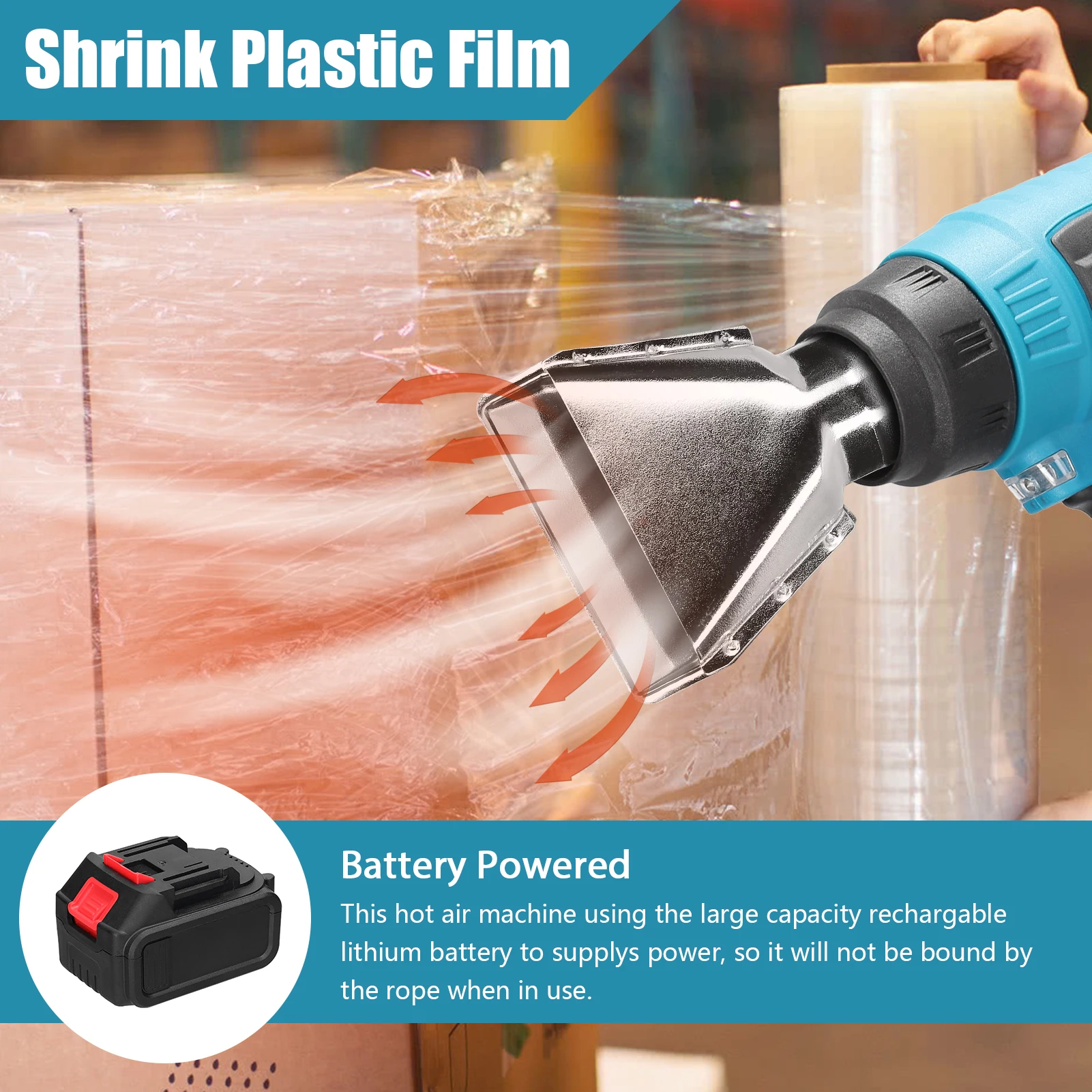 300 واط 380-400 ℃   آلة الهواء الساخن المحمولة باليد الليثيوم القابلة لإعادة الشحن اللاسلكية التدفئة السريعة آلة الهواء الساخن الثقيلة ث 3 فوهات