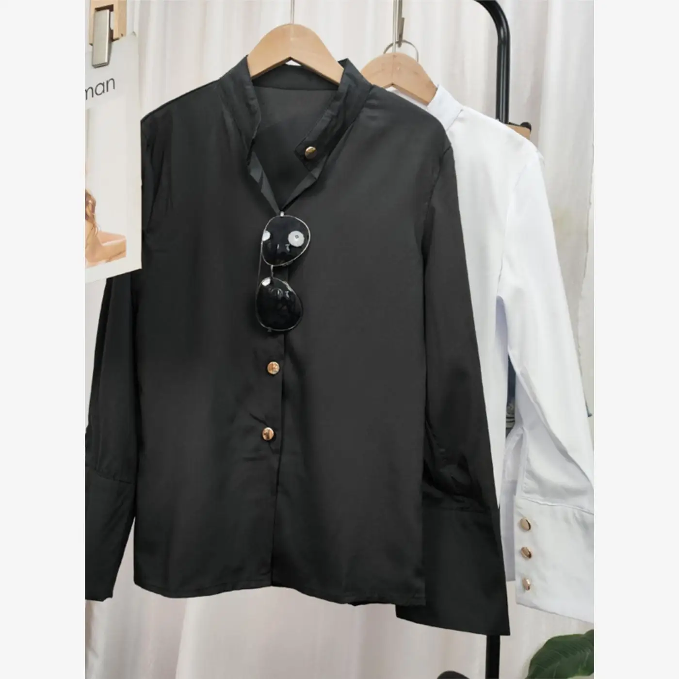 Street Sle Long Sve Camicetta irt da donna taglie forti Vestibilità regolare Bottoni Colore puro Colletto rialzato Primavera Faion Donna...