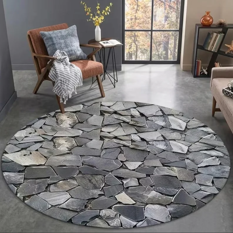 3D Stone Pattern Round Rug Modern Gray Area Rug Non Slip Washable Carpet Circular Floor Mat Living Room Bedroom Home Decor