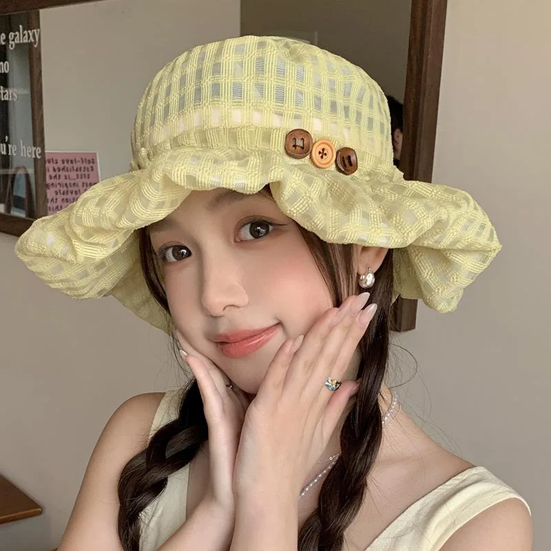Japanese Button Pleated Mesh Bucket Hat Women's Summer Thin Vacation Breathable Big Brim Sunshade Plaid Foldable Sun Cap