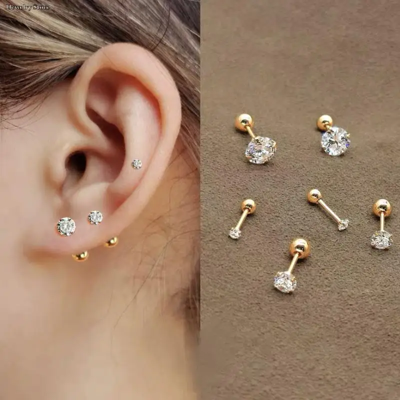 1 Set 4 Prong Rhinestone Ear Studs Earrings For Women/Men Tragus Cartilage Standard Lobe Piercing Jewelry Gift Party Wedding