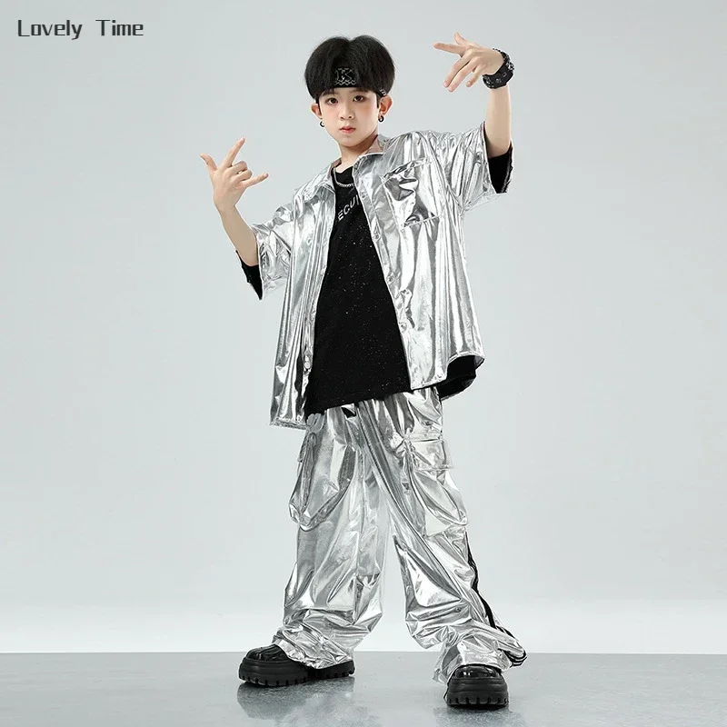 Boys Hip Hop Silver Jacket Street Dance Cargo Pants Girls Sequin Cool Streetwear Kids Jazz Clothes Sets Children Shiny Costumes