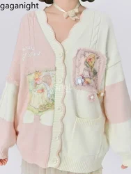 Gaganight feminino decote em v dos desenhos animados impresso camisola cardigan jaqueta outono inverno novo doce bonito solto estilo suave malha topo