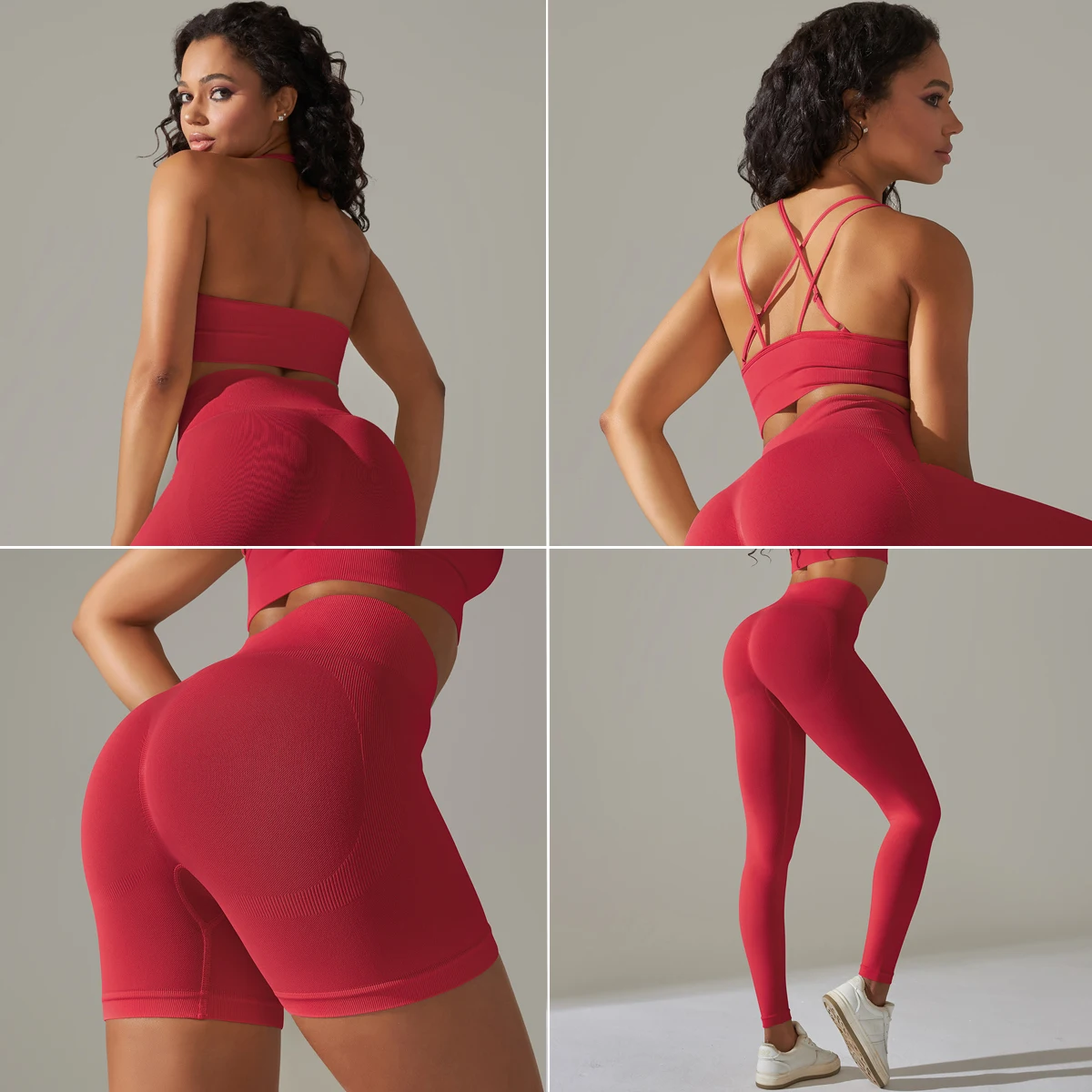 Women's 4 Piece Outfits Ribbed Seamless Exercise Scoop Neck Sports Bra One Shoulder Tops High Waist Shorts  Leggings Active Set