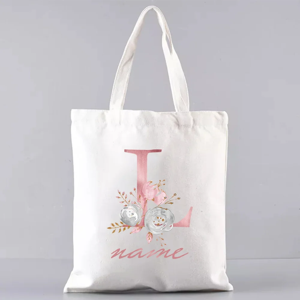 Women Shopping Bag Casual Large Capacity Shoulder Bags Canvas Pink Flower Letter Customize Name Print Simple Tote Bag Handbags