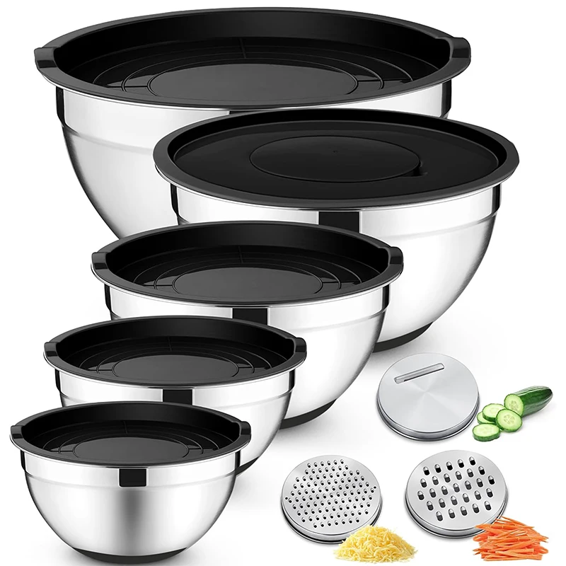 

Mixing Bowls with Airtight Lids 5 piece Stainless Steel Metal Nesting Storage Bowls, Non-Slip Bottoms Great for Mixing Serving