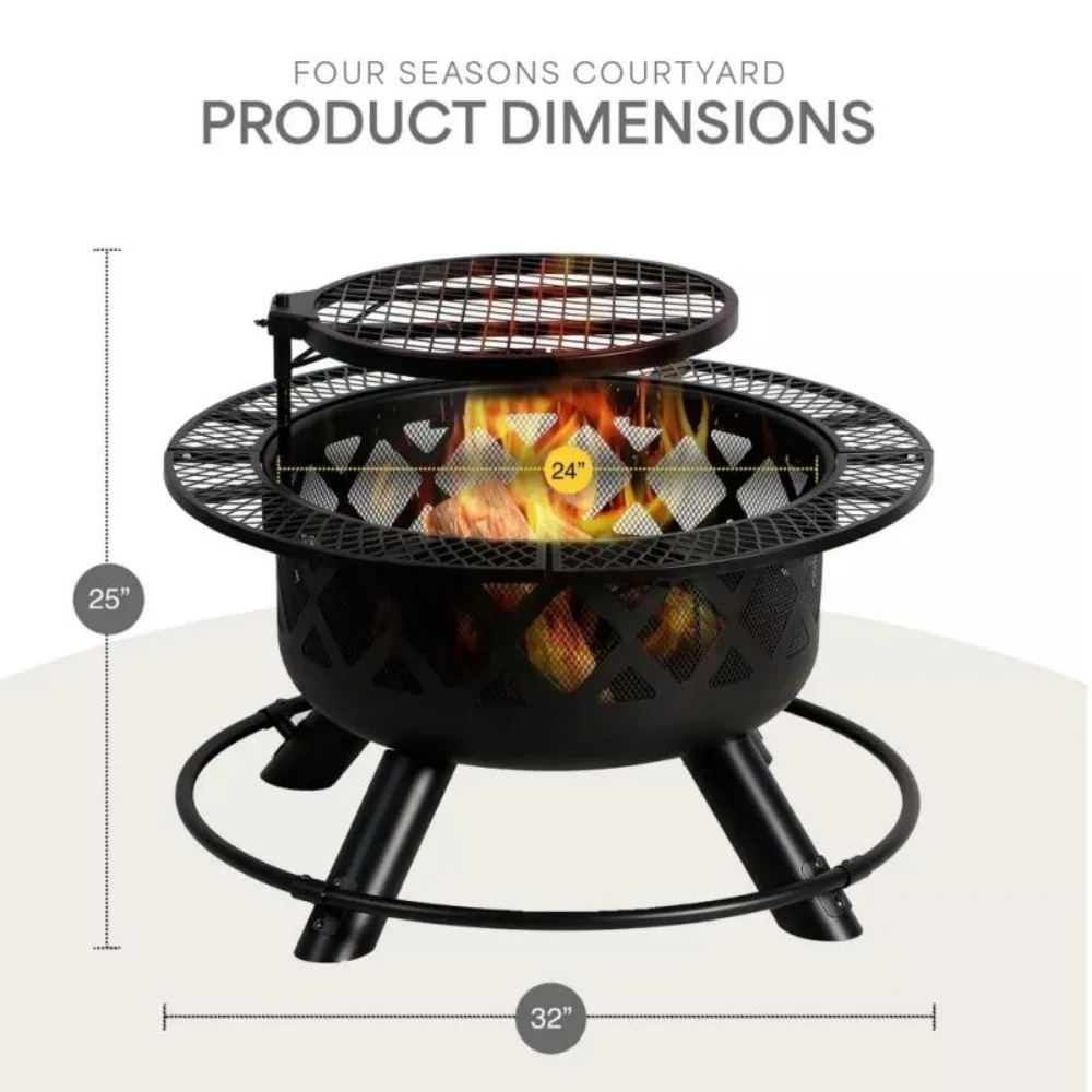 24'' Steel Wood Burning Fire Pit with Removable 360 Degree Swivel Cooking Grill & Collapsible Log Rack for Backyard Patios