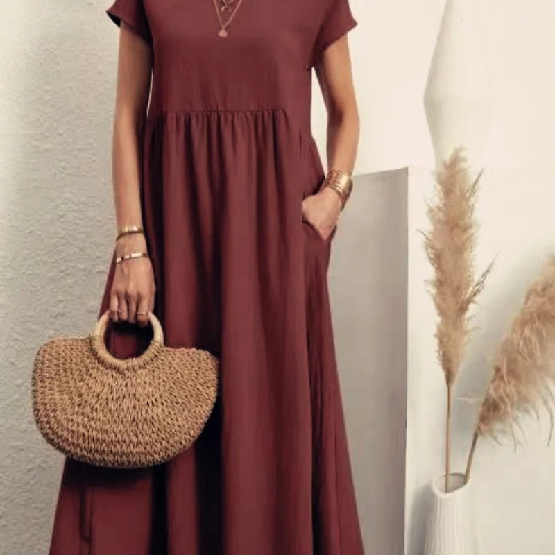 2025 novas mulheres vintage vestido sólido elegante o pescoço manga curta vestidos de linho algodão feminino casual solto vestido longo