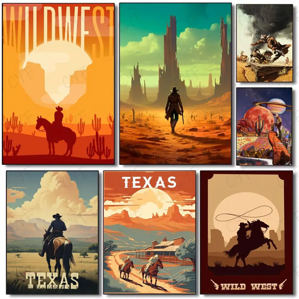 Sun-Baked Stylized Western T-Texas Cool Desert Cowboy Poster Painting Wall Art Mural for Living Room Home Decor and Gifts