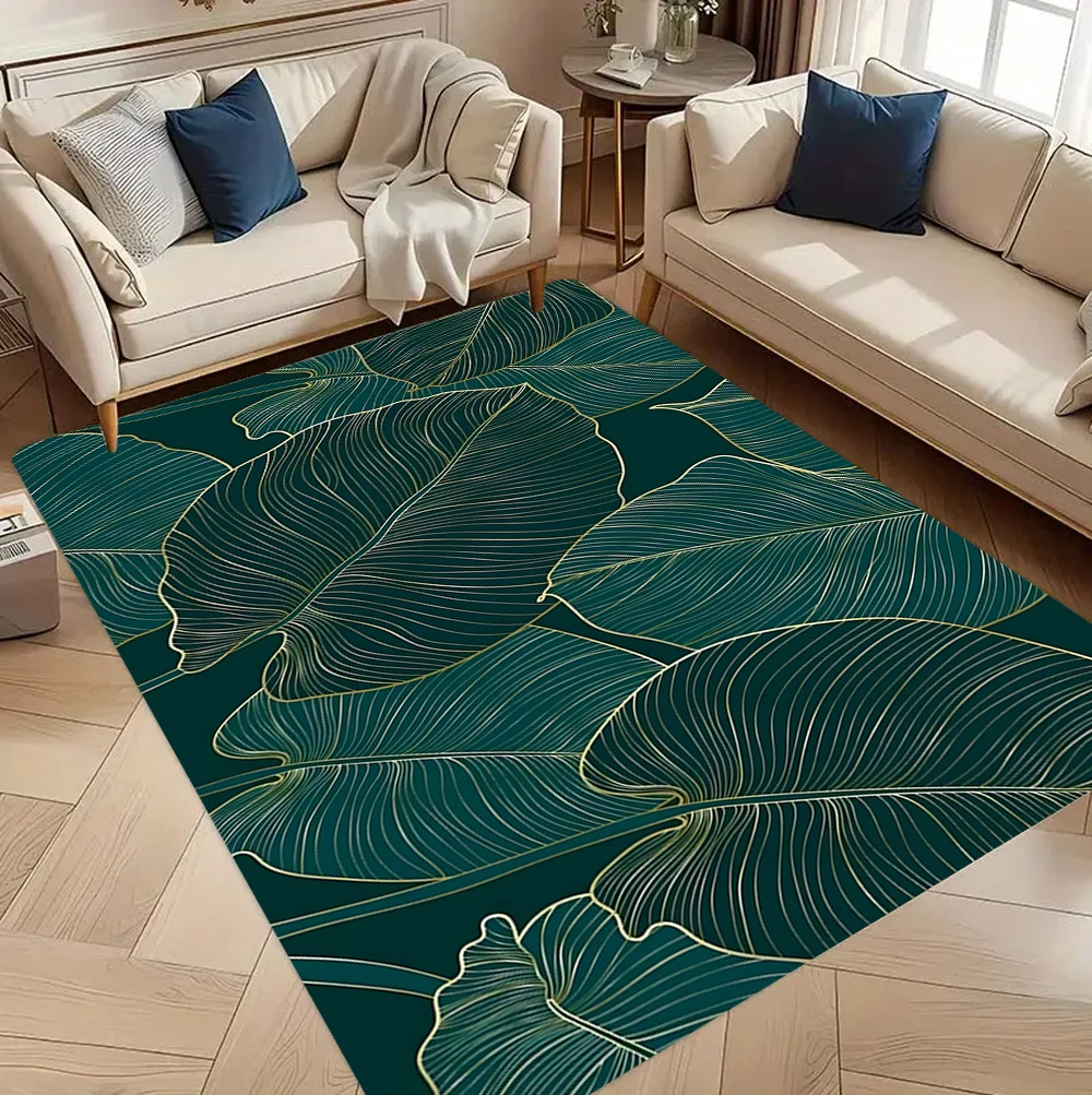 Tropical Banana Leaf Gold Line Area Rug Lush Texture Floor Carpet for Living Room Leisure Space Exotic Luxury Home Decor
