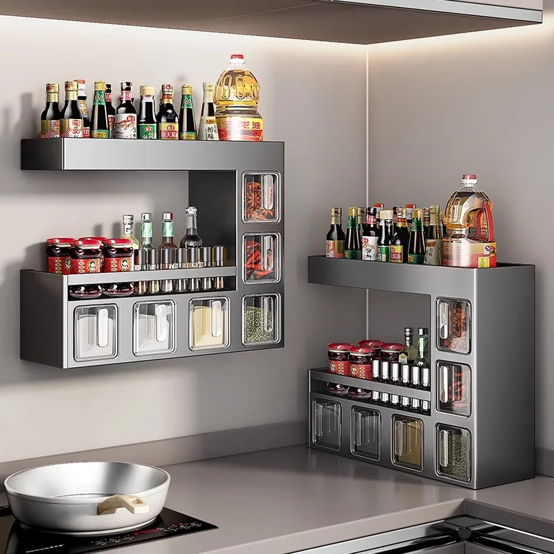 Wall Spice Shelves Modern Condiment Storage Shelf Seasoning Storage Rack Home Decor Glass Bottle Holder Kitchen Organizer