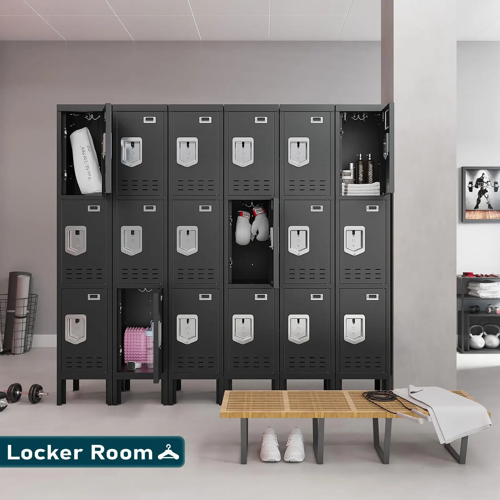 Metal Locker with 3 Doors Employees Locker, Metal Storage Locker with Hooks, 66" Storage Cabinet Lockers for Employees, Home, Of