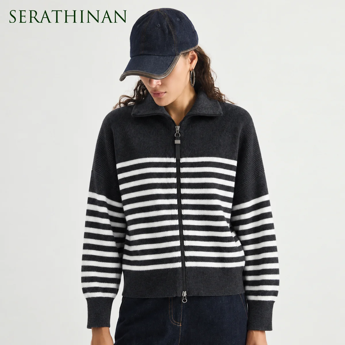 BL4621829 Women's 100% Wool Knit Striped Zip-Up Cardigan Chain Detail Leather Pull Tab Drop Shoulder Chic Elegant Early Autumn