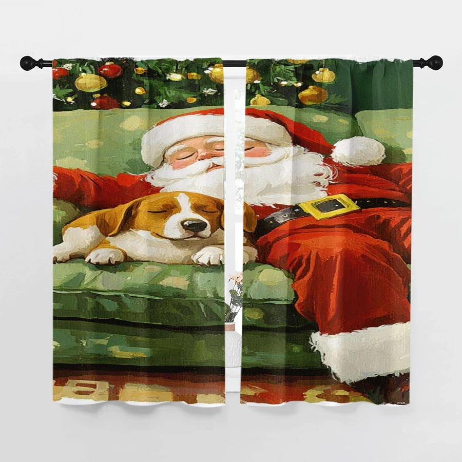 2PCS Christmas Winter Curtains, Oil Painting Santa Dog Sleeping, Digital Print, Bedroom Living Room, Home Decor Window Drapes
