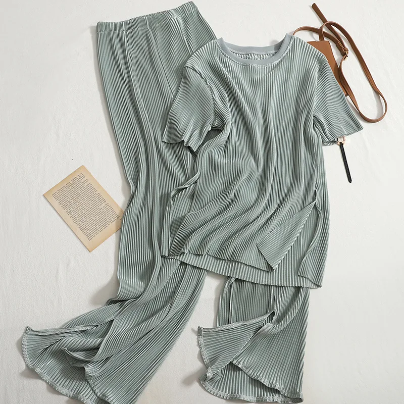 

Two-piece Pajamas Set Casual Pants Suit Female Summer O Neck T-shirt + High Waist Slit Wide Leg Pants Loungewear Women Sleepwear