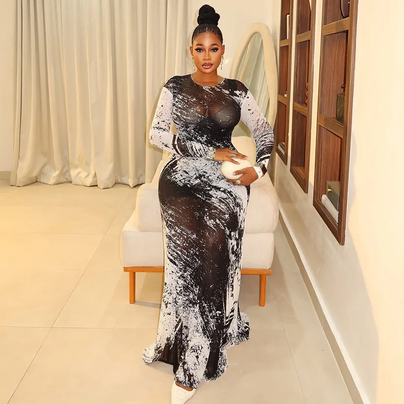 Tie Dye Print See Through Mesh Bodycon Maxi Dress Women Fashion O Neck Full Sleeve Party Long Robe Slim Cover Ups Vestidos