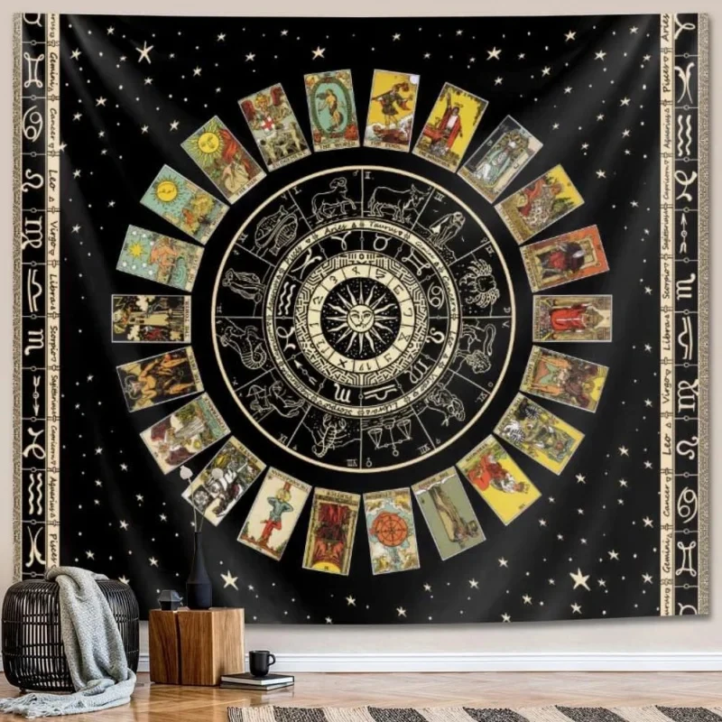 VIKAMA Tarot Zodiac Wheel Tapestry Astrology Wall Hanging Witchy Occult Aesthetic Tapestries for Bedroom Decor