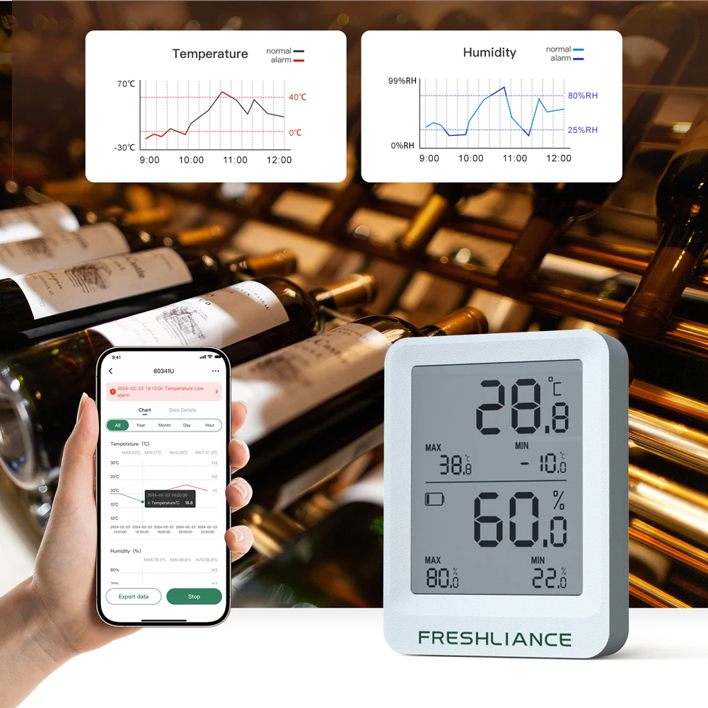 BT Temperature Humidity Recorder Fruit Storage Temperature Logger APP Control Large Capacity Data Storage with Export PDF/CSV