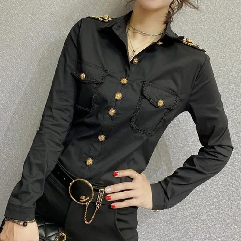 Streetwear Fashion Epaulet Shirt Spring Autumn Chic Single-breasted Women\'s Clothing Solid Color Bright Line Decoration Blouse