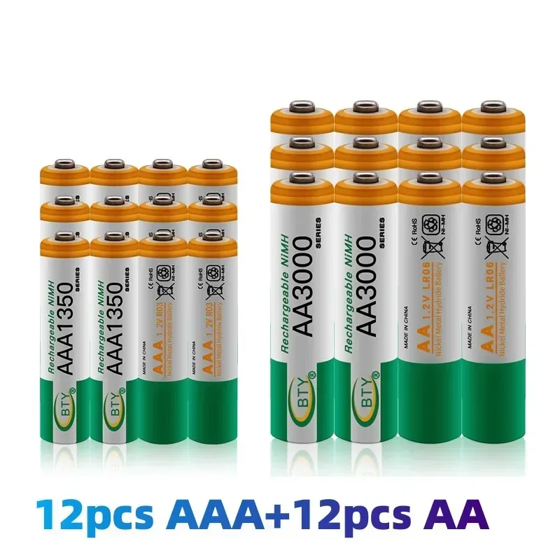 100% New 1.2 V AA 3000 MAH Ni MH akkus + AAA battery 1350 MAH rechargeable battery Ni MH 1.2 V AAA battery