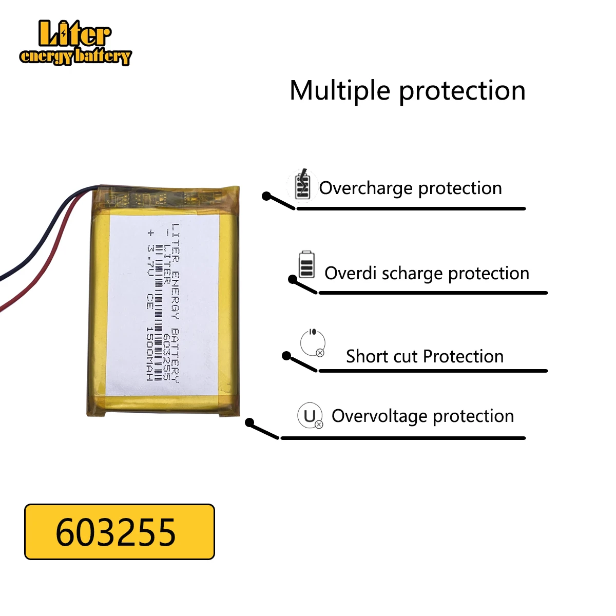 3,7 V, 1500 mAH, [ 603255 ] PLIB; Batería de polímero de iones de litio/Li-ion para dvr, GPS, mp3, mp4, teléfono móvil, altavoz