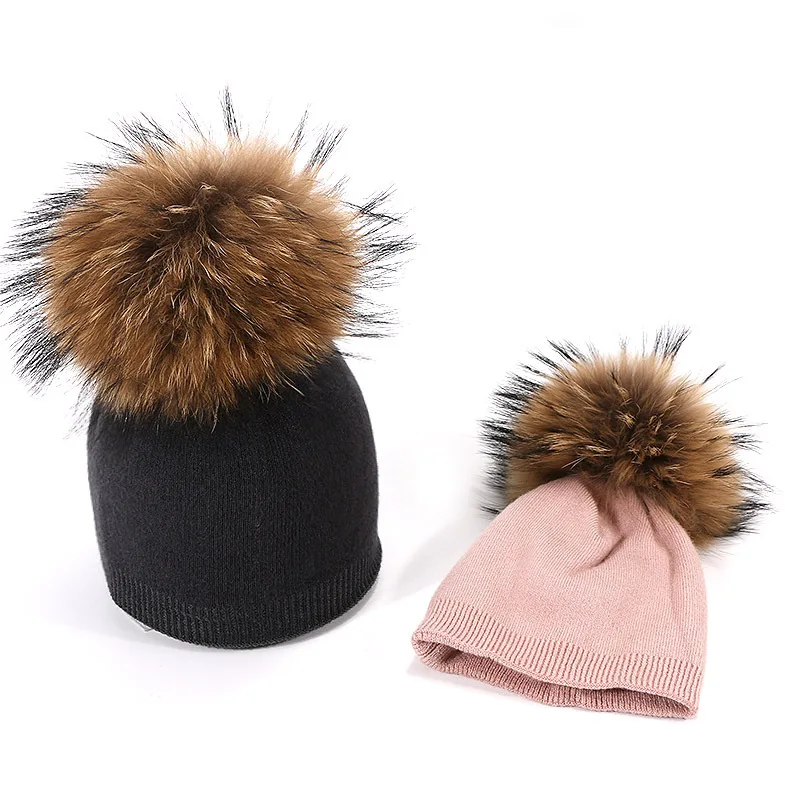 Warm Solid Color Chunky Soft Stretch Children Fur Pom Poms Knitted Beanies Hat Hight Quality Custom Logo Embroidery Skull Cap