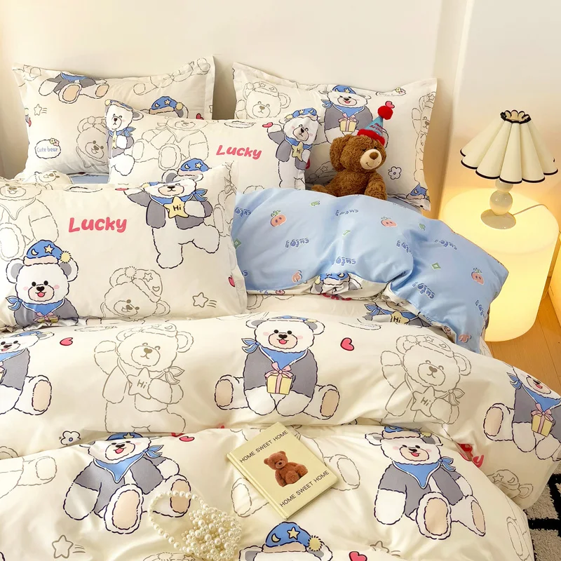 Cartoon Cute Bear Design Duvet Cover 4pcs Set, Love Heart Print Boys Girls Bedding Set, Reversible Queen King Comforter Covers