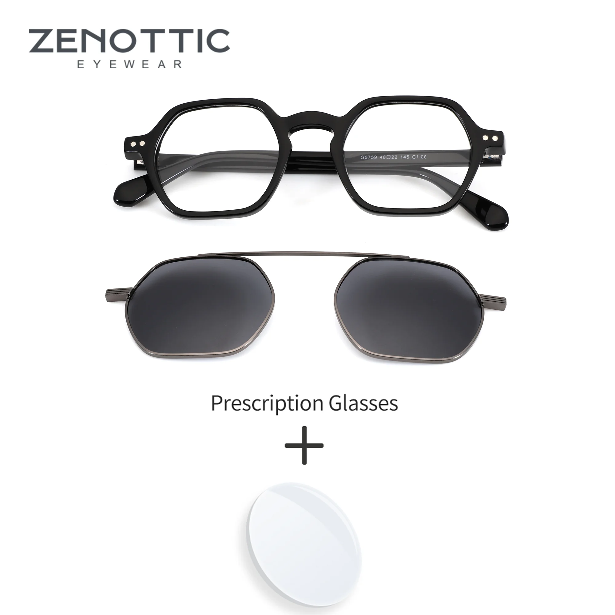 

ZENOTTIC S Size Polygon Acetate Clip On for Men Prescription Glasses Progressive Myopia Anti-Blue Ray Polarized Sunglasses
