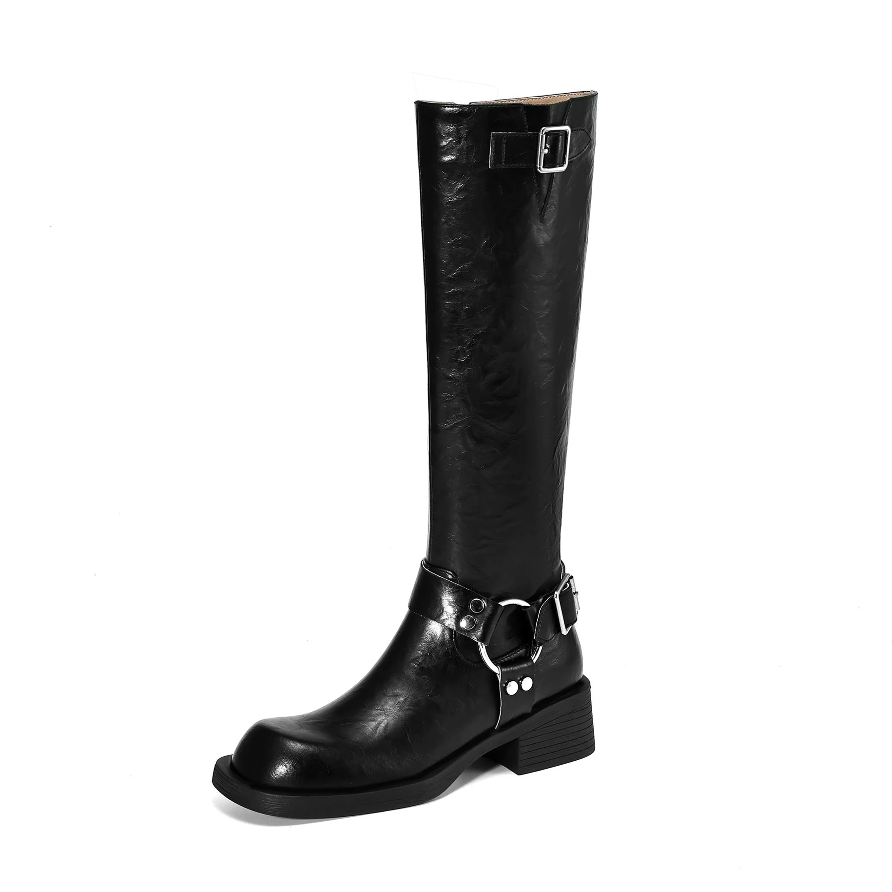 Krazing Pot Fashion Cow Leather Med Heels Modern Riding Boots Brand Winter Warm Shoes Vintage Belt Buckle Women Thigh High Boots