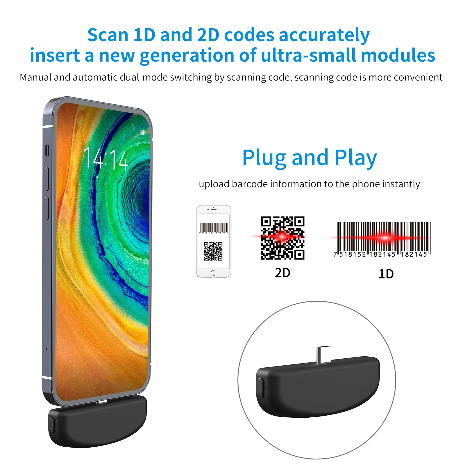 Imagem -03 - Mini 2d com Interface tipo c Phone Mate Barcode Scanner Preto Estoque Todos os Códigos de Barras 1d 2d e Código de Tela Cmos de 32 Bits