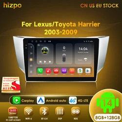Hizpo Car Radio Android14 QLED For Lexus RX300 RX330 RX350 RX400H II 2 Toyota Harrier XU30 Stereo Player Navigation Auto Carplay