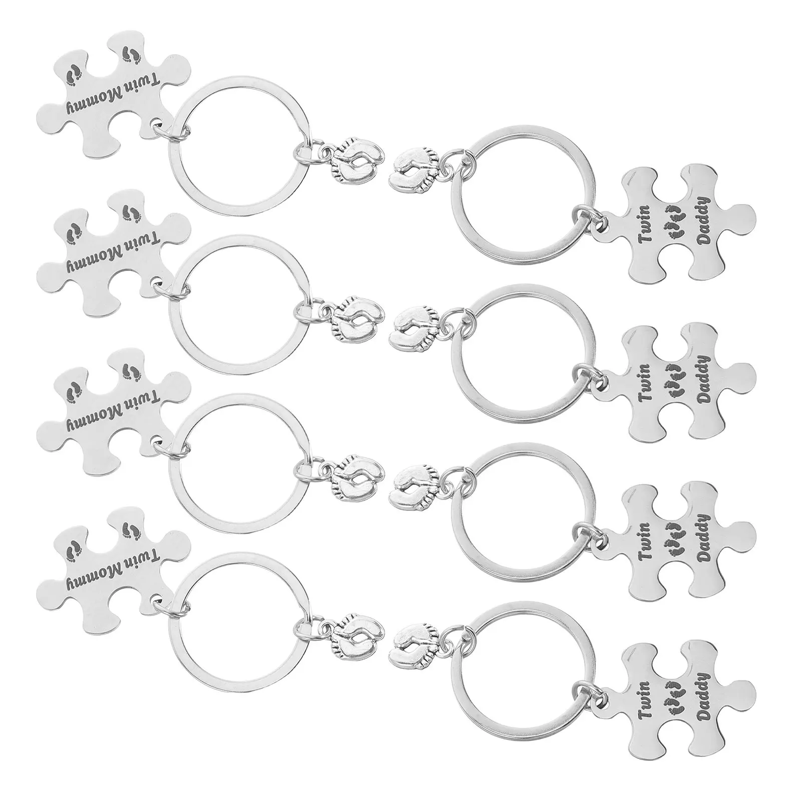4Set Twin Parents Keychain Stainless Steel Puzzle Baby Footprint Matching Family Key Ring Gift Set Parenthood Memorial