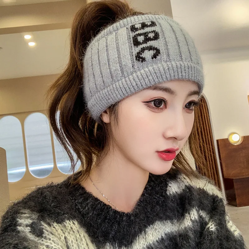 Autumn and Winter Knitted Woolen Hat Sports Wrap Hat Hollow Top Hat Ponytail Hat Soft Fabric Hairband Pullover Hat