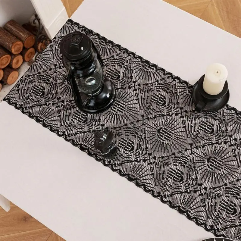 Black Lace Halloweens Table Polyester Fabric Party Decoration Wrinkle Resistant Machine Washable Designs A2BB