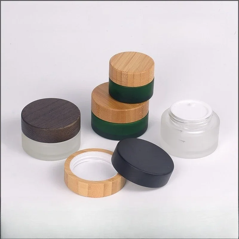 5 stks/partij 15/30/50/100/150/200g Massief Houten Bamboe cover Cosmetica Gezichtscrème Fles Matglas Crème Potten Groothandel