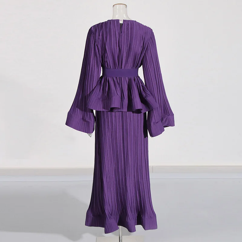 EAEOVNI Elegante design a pieghe Set da 2 pezzi Donna Manica svasata Cintura in vita Camicetta + Gonna lunga Moda 2025 Nuovi vestiti 1A1004